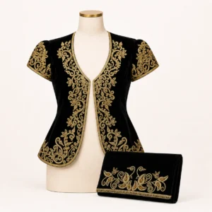 Ensemble boléro + pochette brodés or — noir