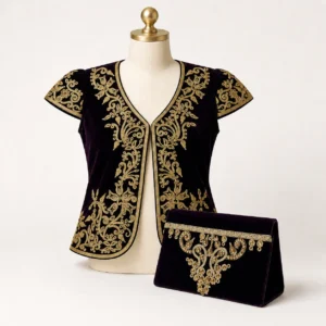 Ensemble boléro + pochette brodés or — noir (volutes)