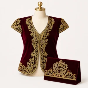 Ensemble boléro + pochette brodés or — bordeaux