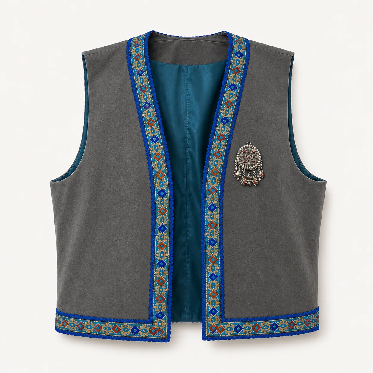 Gilet brodé velours & galon — gris