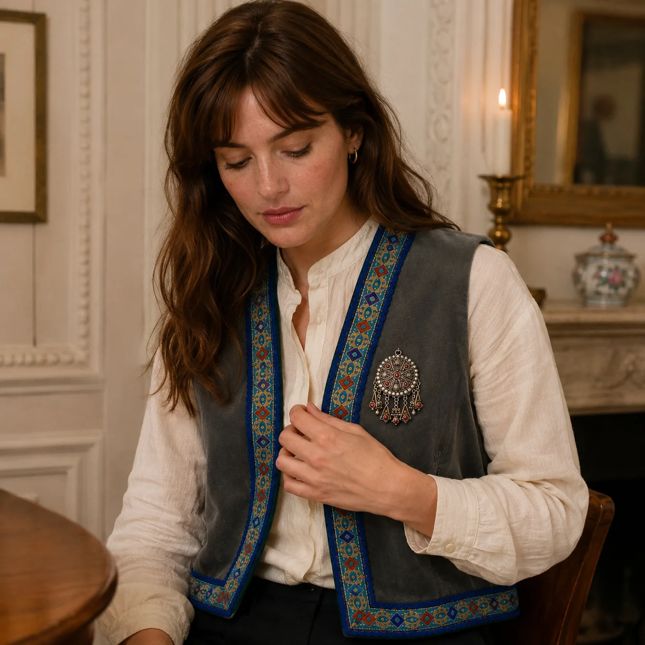 Gilet brodé velours & galon — gris