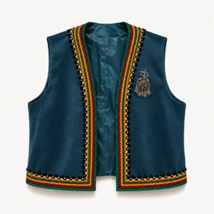Gilet brodé velours & galon — pétrole, broche ornementale