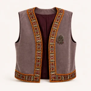 Gilet brodé velours & galon — taupe