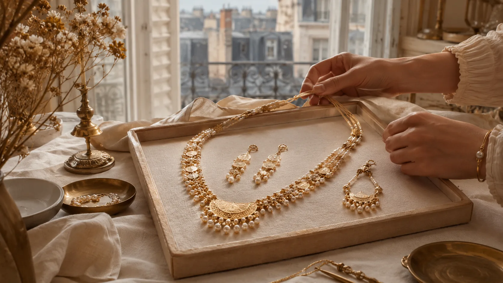 Parure de perles et de plaqué or assemblée à la main dans un atelier parisien
