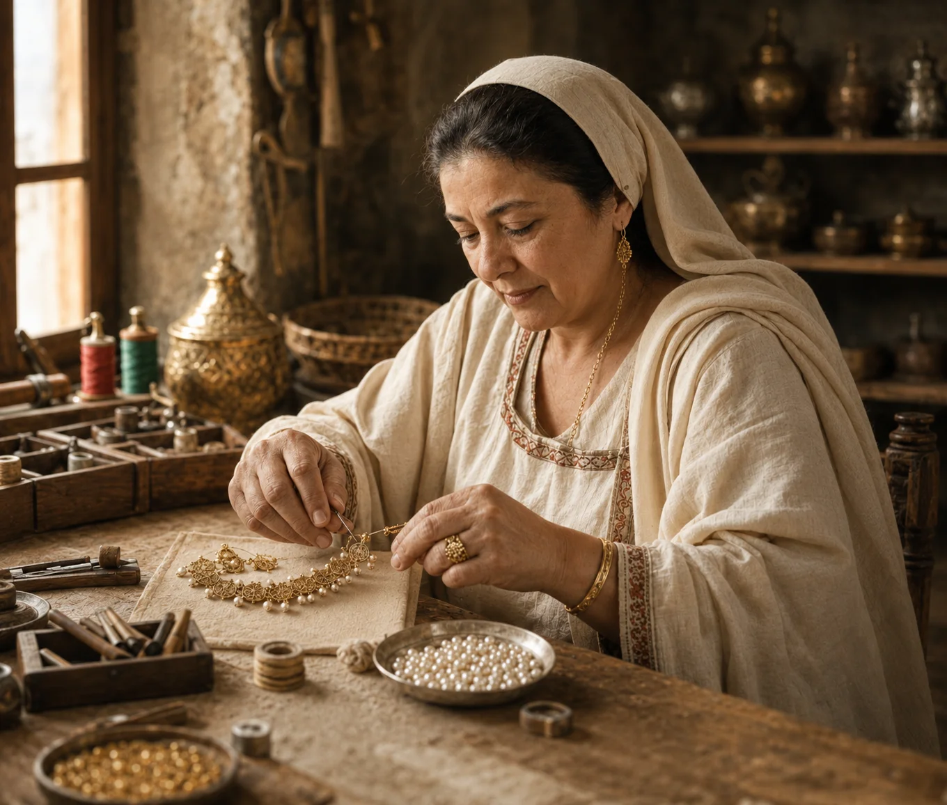 Artisane façonnant à la main une parure de perles et d'or dans son atelier
