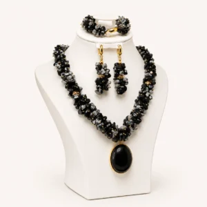 Parure jaspe noir — pendentif acier inoxydable