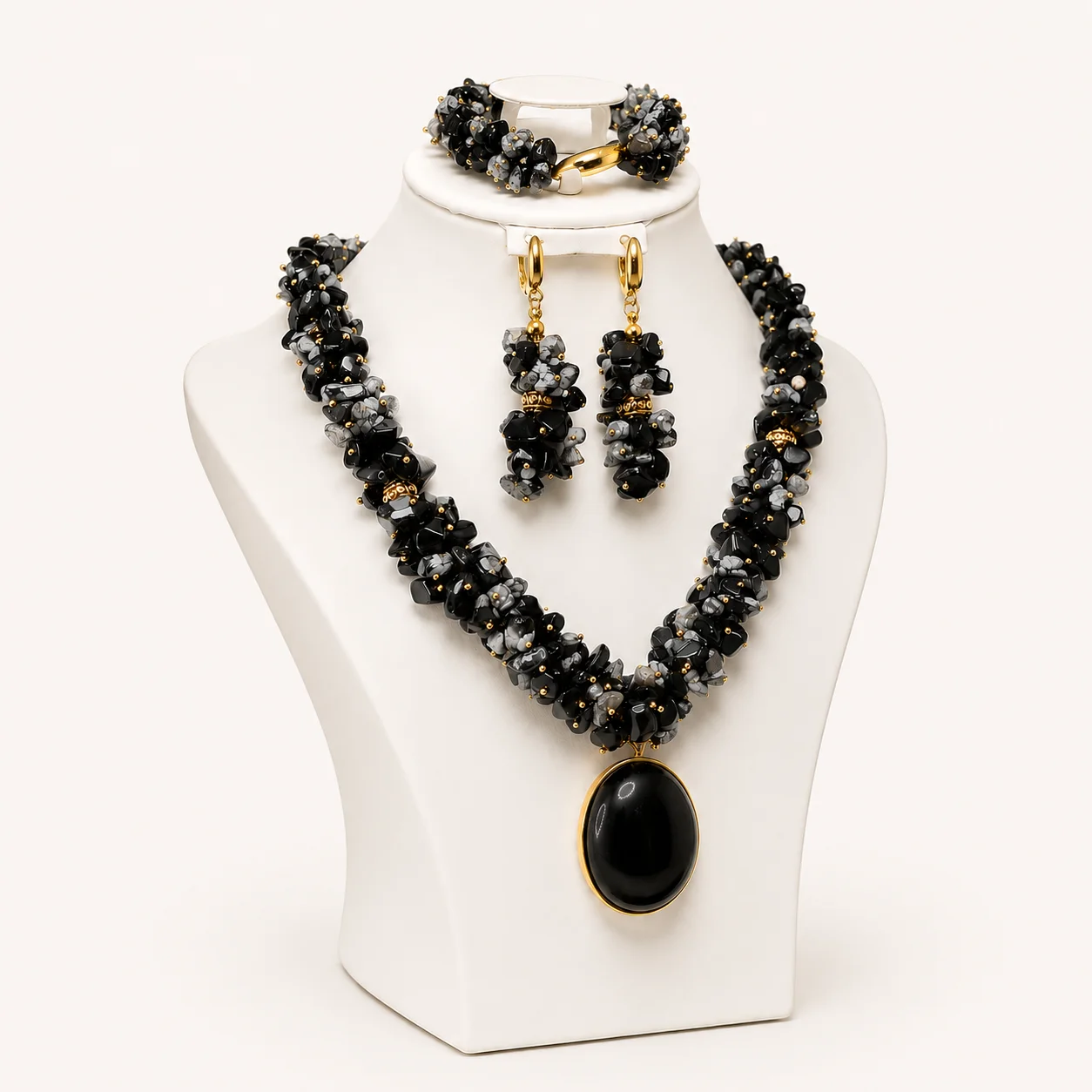 Parure jaspe noir — pendentif acier inoxydable