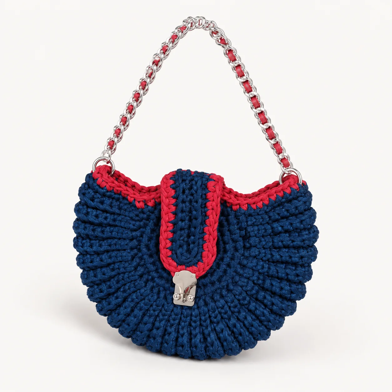 Sac coquillage au crochet, bandoulière chaîne — Marine & Rouge