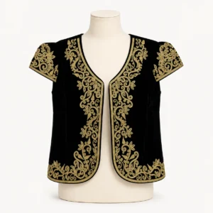 Boléro brodé fil doré — velours noir, motif floral