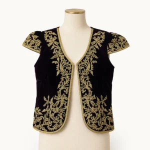Boléro brodé fil doré — velours noir, volutes