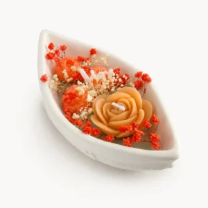 Bougie fleur rose orange — coupe barque & gypsophile