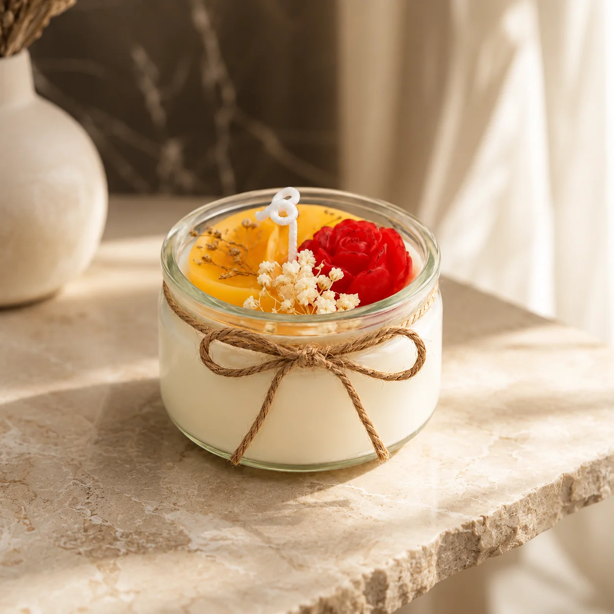 Bougie fleur — pots de verre, roses & gypsophile