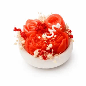 Bougie fleur — coupelles, roses rouges & gypsophile
