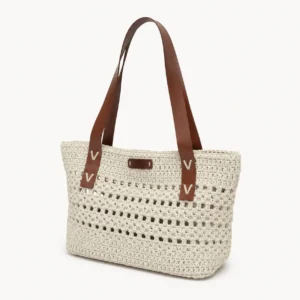 Cabas au crochet ajouré, anses en cuir — Écru