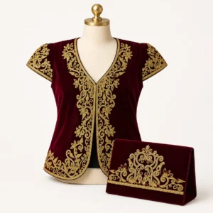 Ensemble boléro + pochette brodés or — bordeaux