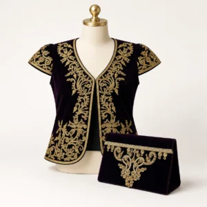 Ensemble boléro + pochette brodés or — noir (volutes)