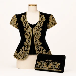 Ensemble boléro + pochette brodés or — noir