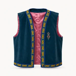 Gilet brodé velours & galon — pétrole, doublure rose