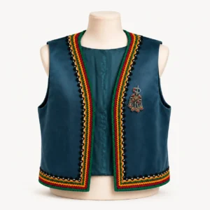Gilet kabyle velours & galon — pétrole, broche main de Fatma
