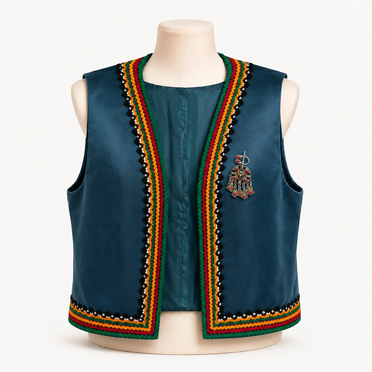 Gilet kabyle velours & galon — pétrole, broche main de Fatma