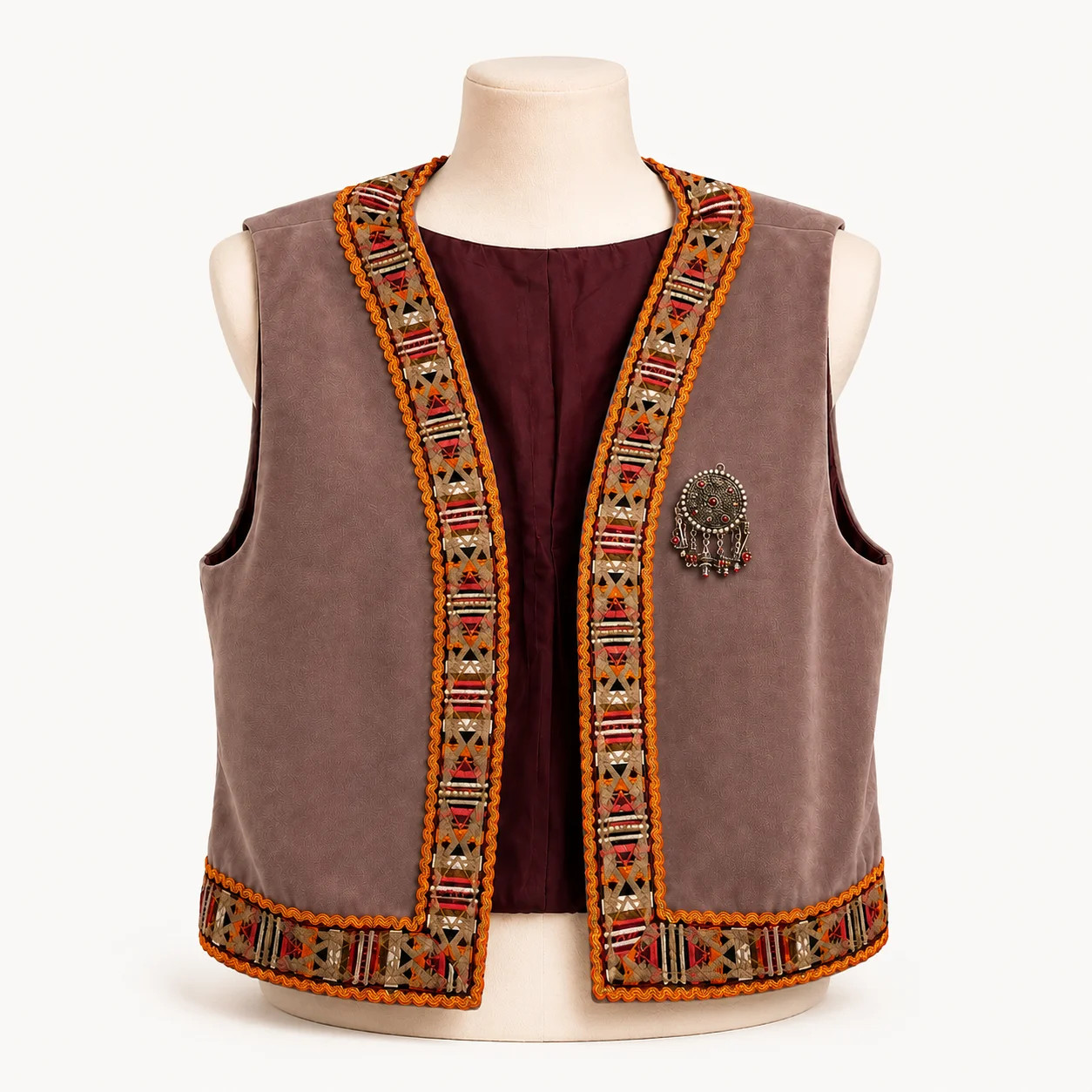 Gilet kabyle velours & galon — taupe