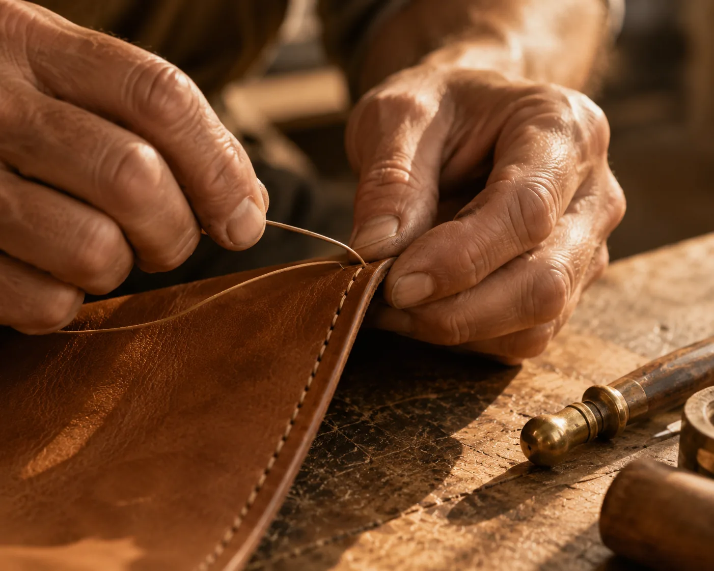 Gros plan sur des mains d'artisan au travail à l'établi