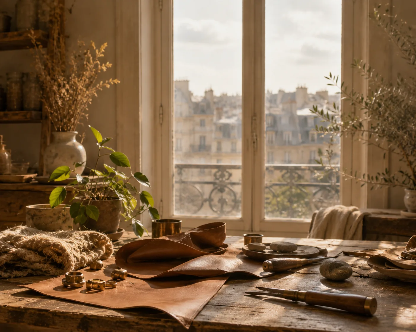 Atelier d'artisan parisien : grande fenêtre, matières et lumière naturelle