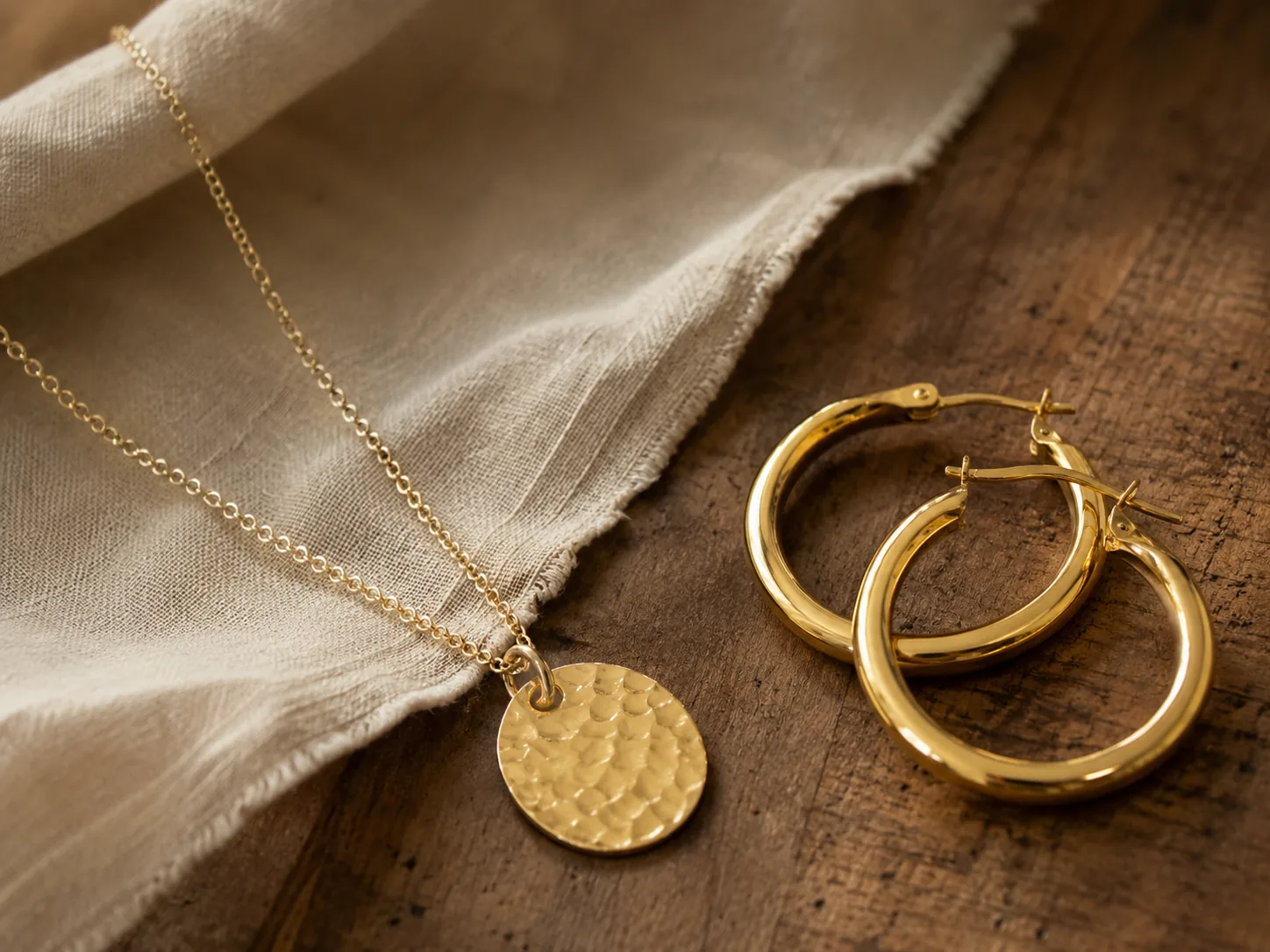 Bijoux en plaqué or — chaîne, médaillon et créoles