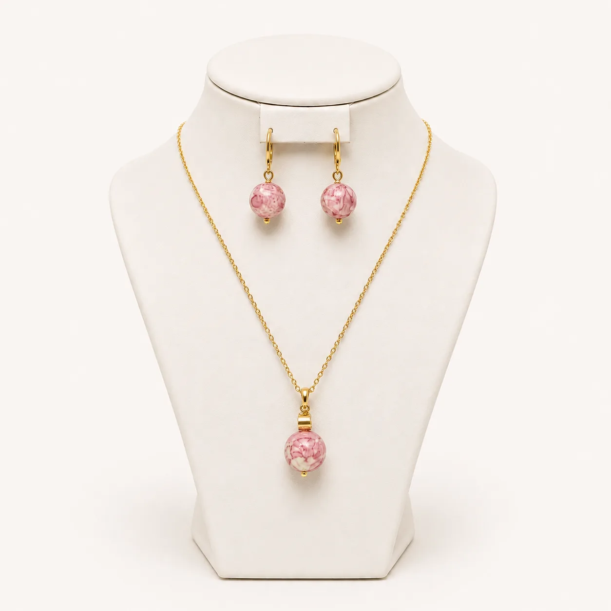 Parure quartz rose — collier + boucles