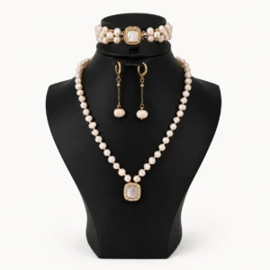 Parure perles rosées — collier, bracelet & boucles