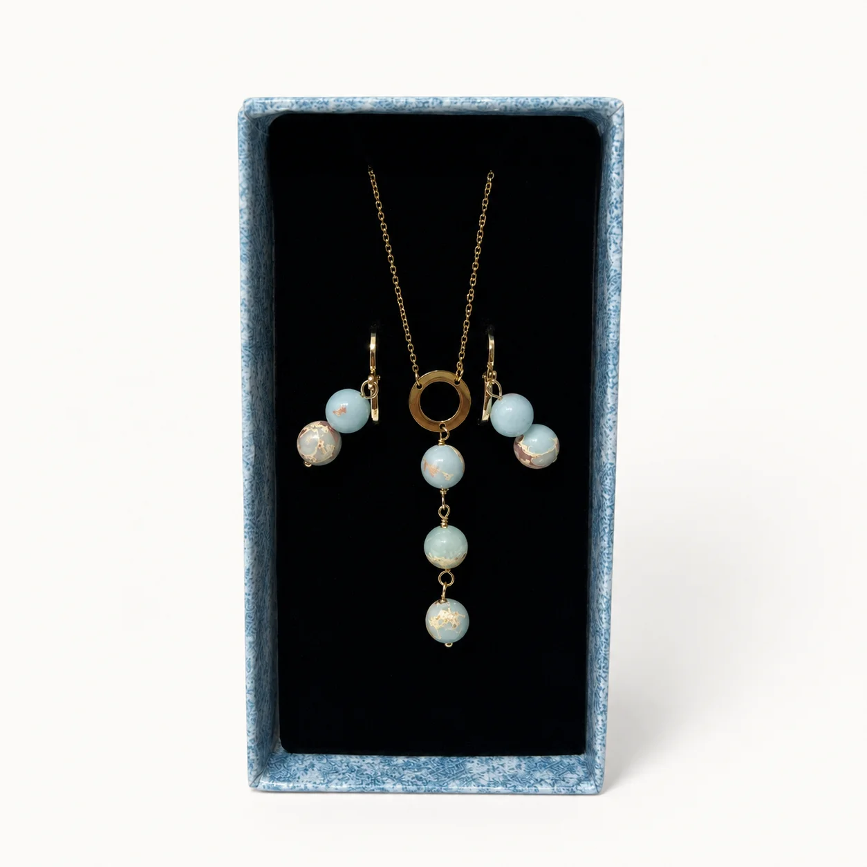 Parure pierre bleu clair — collier en Y + boucles