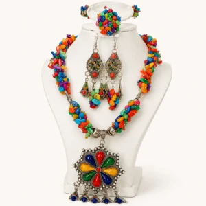 Parure pierres multicolores & pendentif émaillé