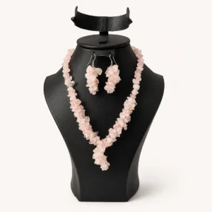 Parure quartz rose — pierres semi-précieuses, collier et boucles