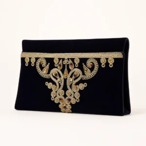Pochette de cérémonie velours brodé or — bleu nuit