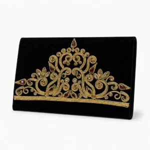 Pochette de cérémonie velours brodé or — noir, couronne
