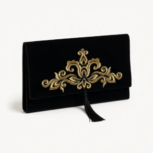 Pochette velours brodé or à pompon — noir