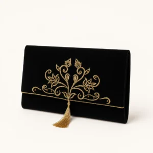 Pochette velours brodé or à pompon — noir, floral