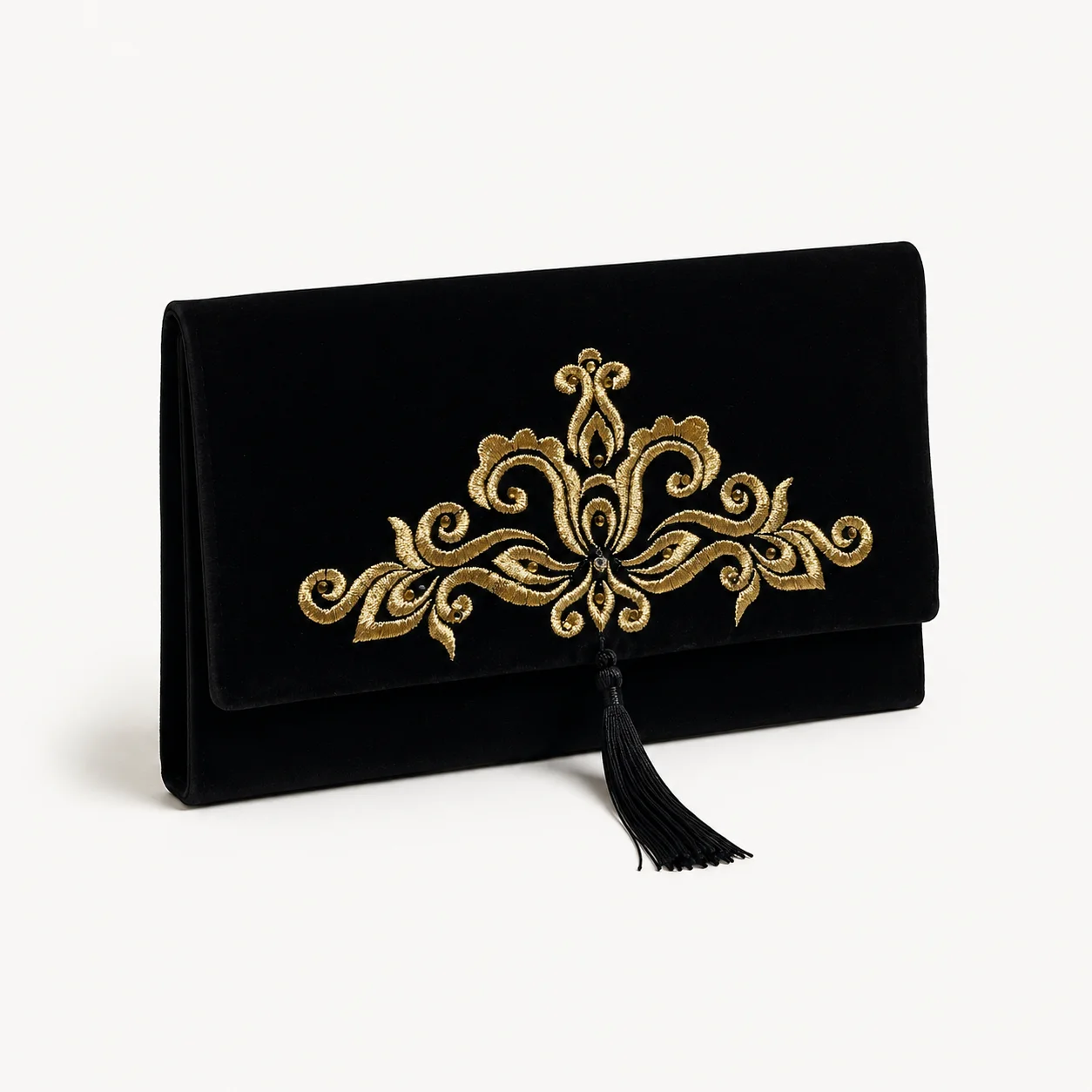 Pochette velours brodé or à pompon — noir