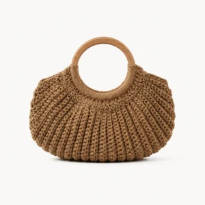 Sac demi-lune au crochet, anses rondes en bois — Caramel