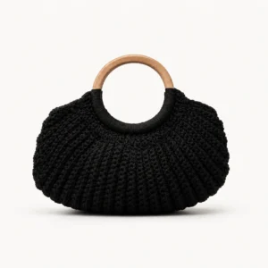 Sac demi-lune au crochet, anses rondes en bois — Noir