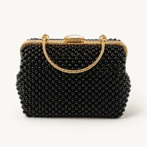 Sac perles noires — cadre et anse plaqués or