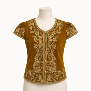 Gold-thread embroidered velvet jacket — caramel