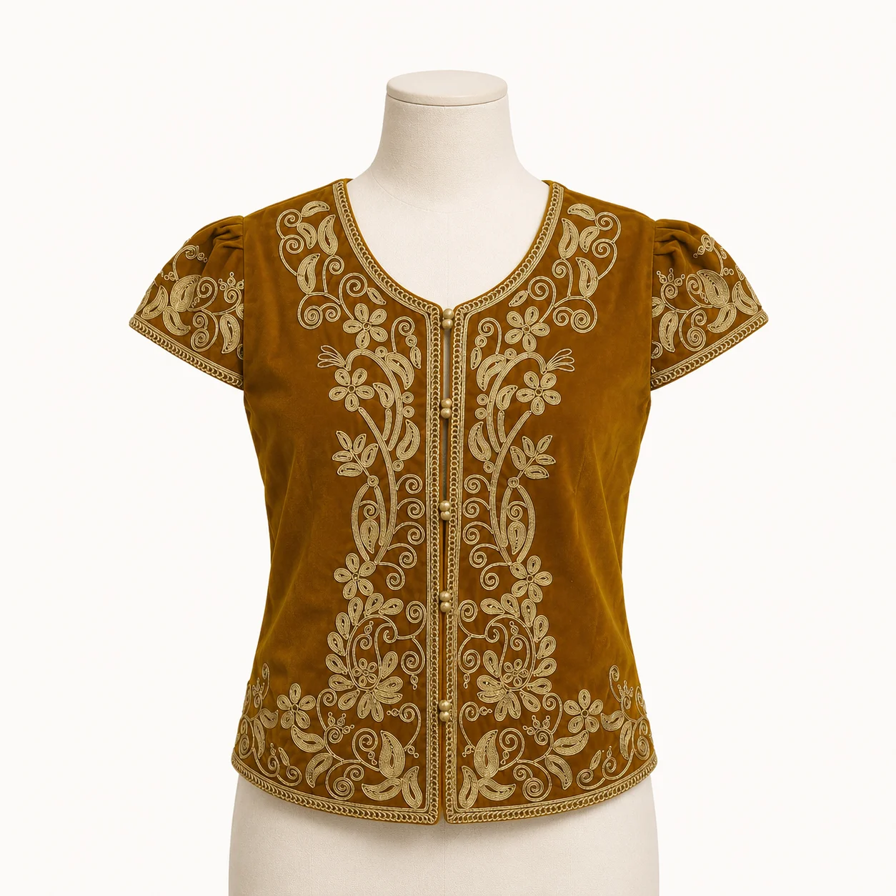 Gold-thread embroidered velvet jacket — caramel