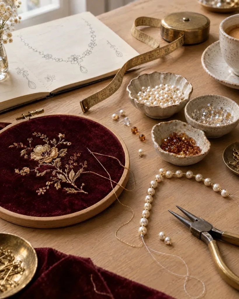 The HK Handmade atelier workbench: gold-thread embroidery on burgundy velvet, beads, tape measure