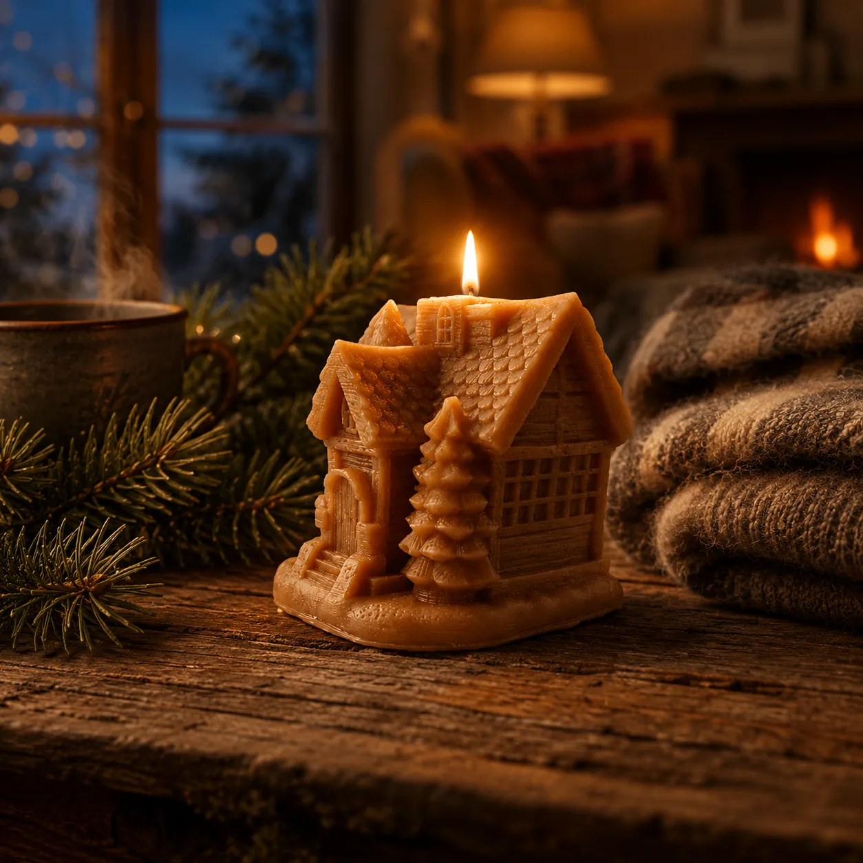 Bougie chalet — maison & sapin caramel