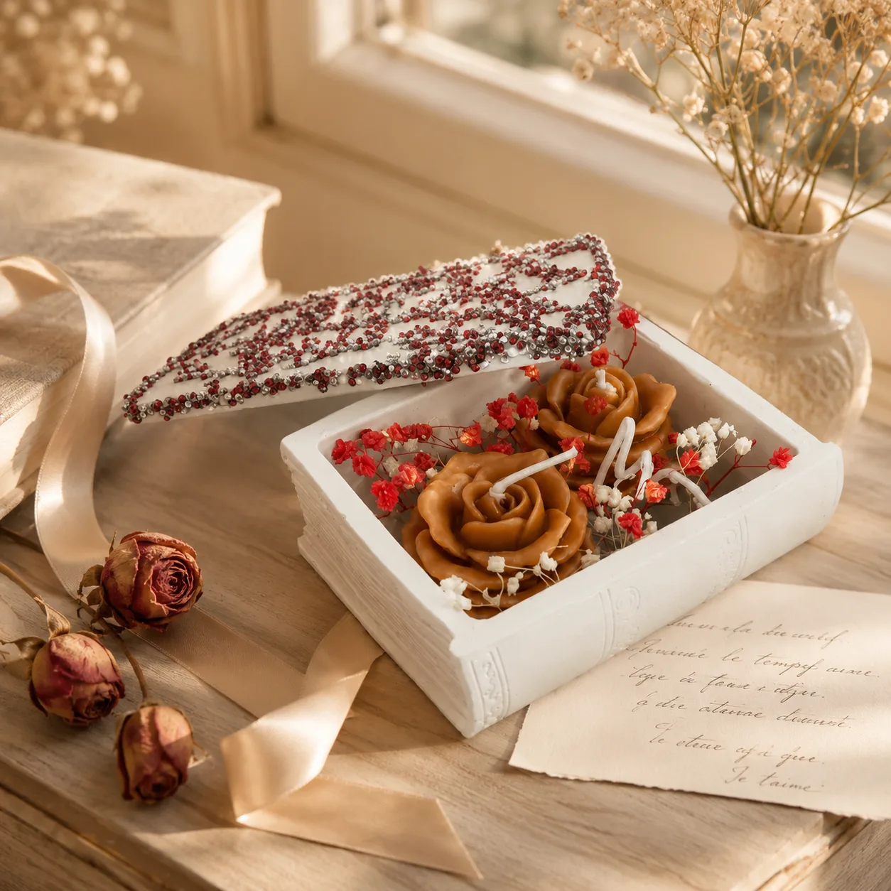 Coffret bougies roses — écrin blanc & couvercle fleuri