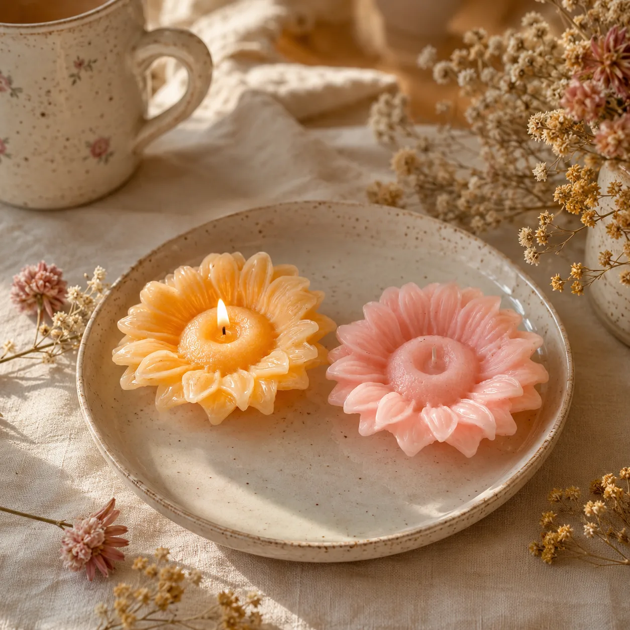 Duo de bougies fleur — marguerites orange & rose