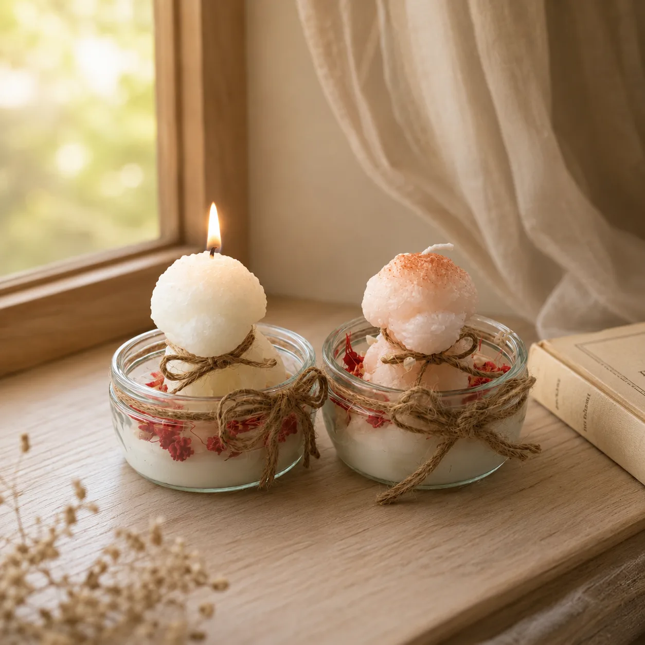 Duo de bougies fleur — pots de verre, boules & baies