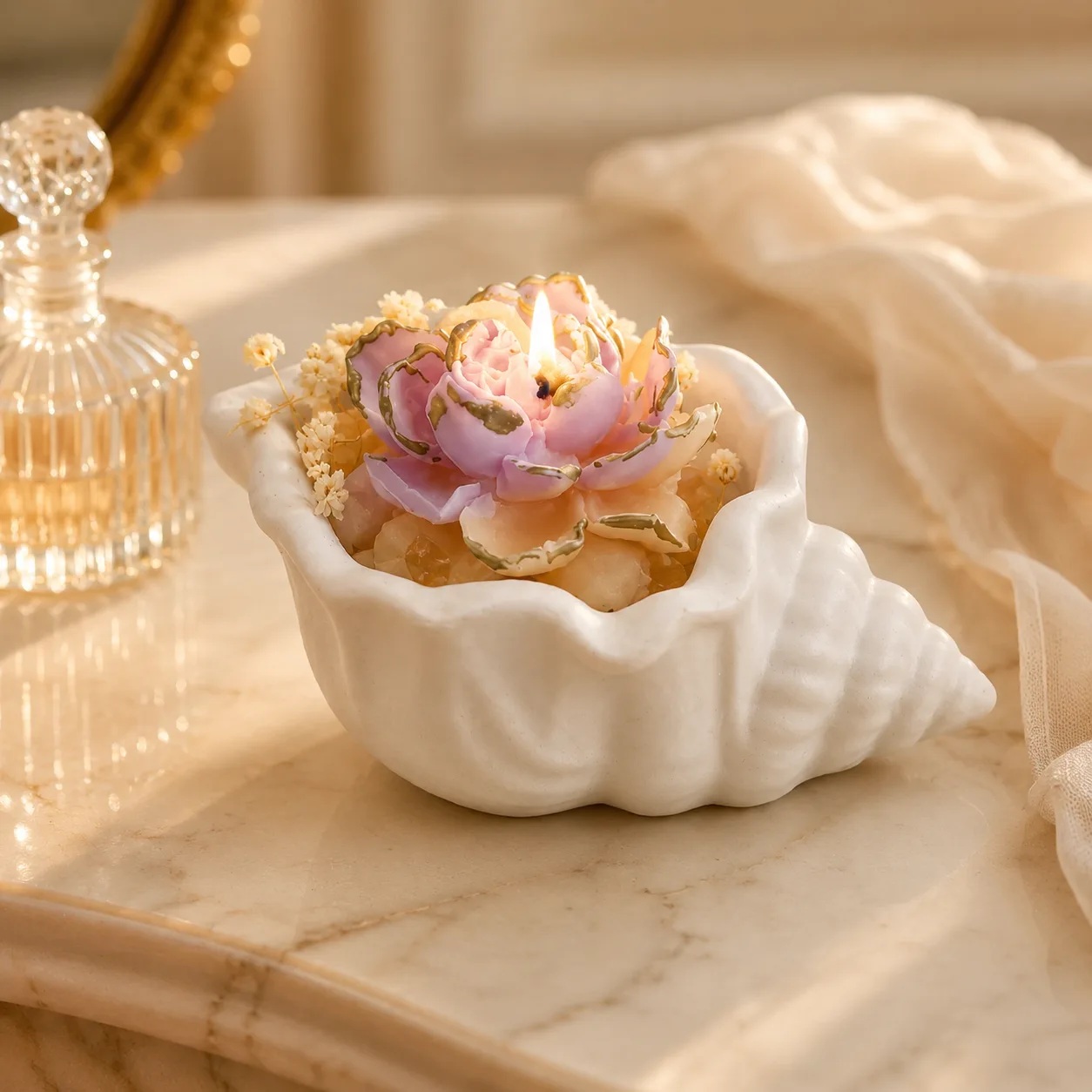 Bougie fleur — coquillage, fleur violette & cristaux