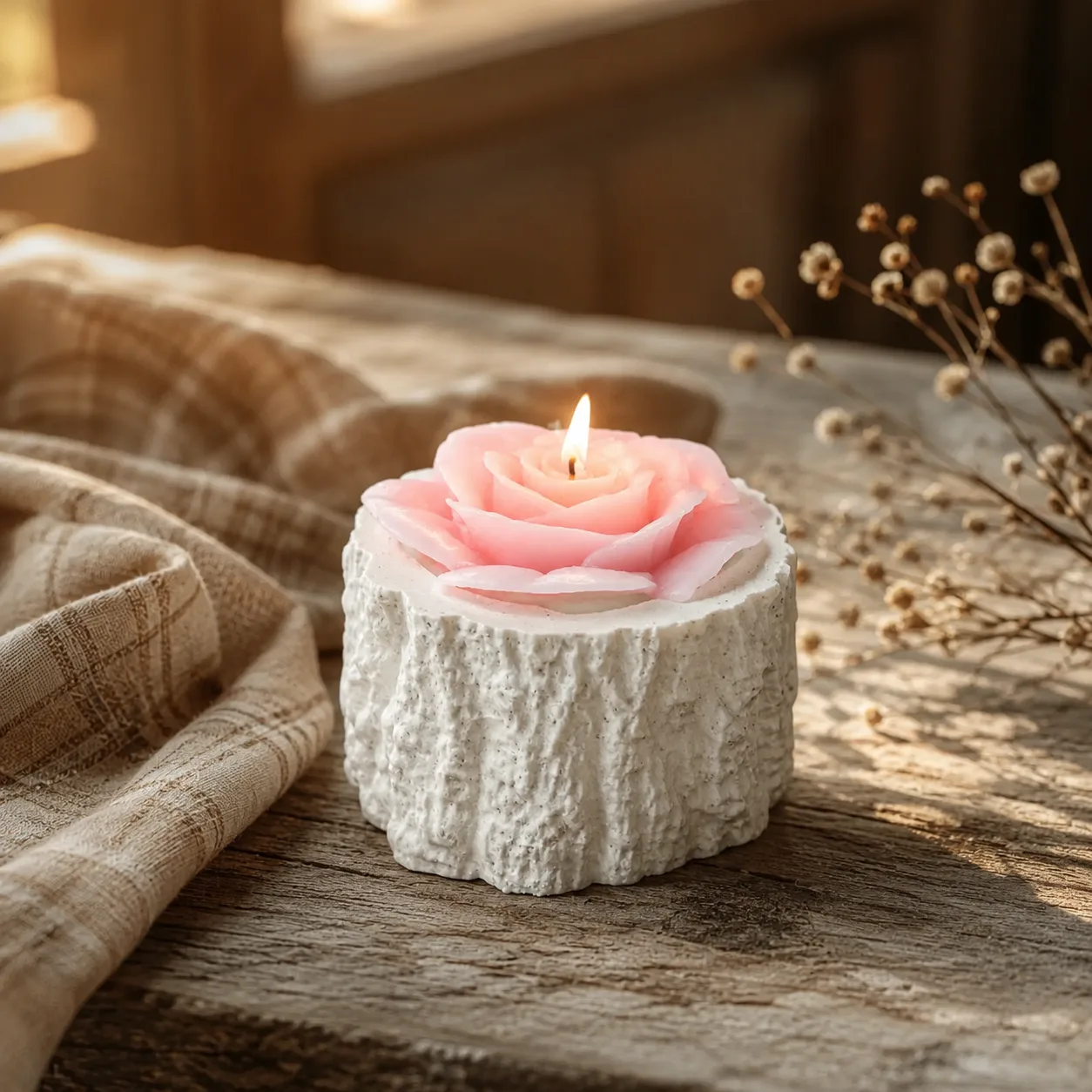 Bougie fleur rose poudrée — photophore effet écorce